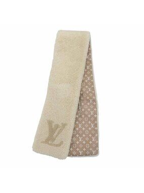 Louis Vuitton Monogram Shearling Scarf LV Logo Beige